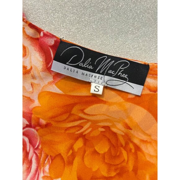 Dalia Macphee Orange Floral Cold Shoulder Floral Pleated Midi Dress Small - Picture 5 of 7